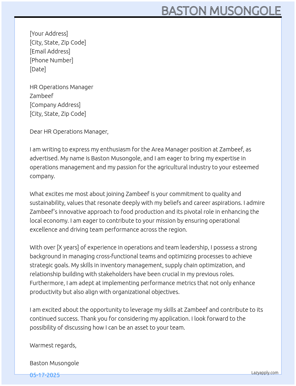Area manager At Zambeef Cover Letter