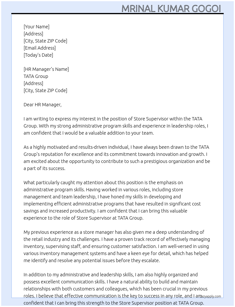 Store supervisor At TATA Group Cover Letter