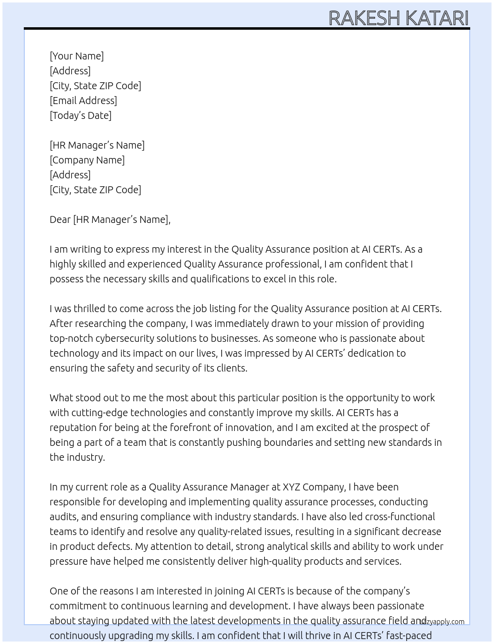 Quality assurance At AI CERTs Cover Letter
