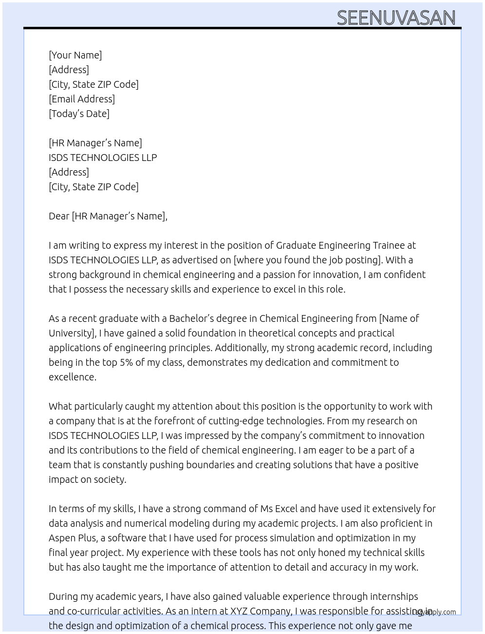 Graduate engineering trainee At ISDS TECHNOLOGIES LLP Cover Letter