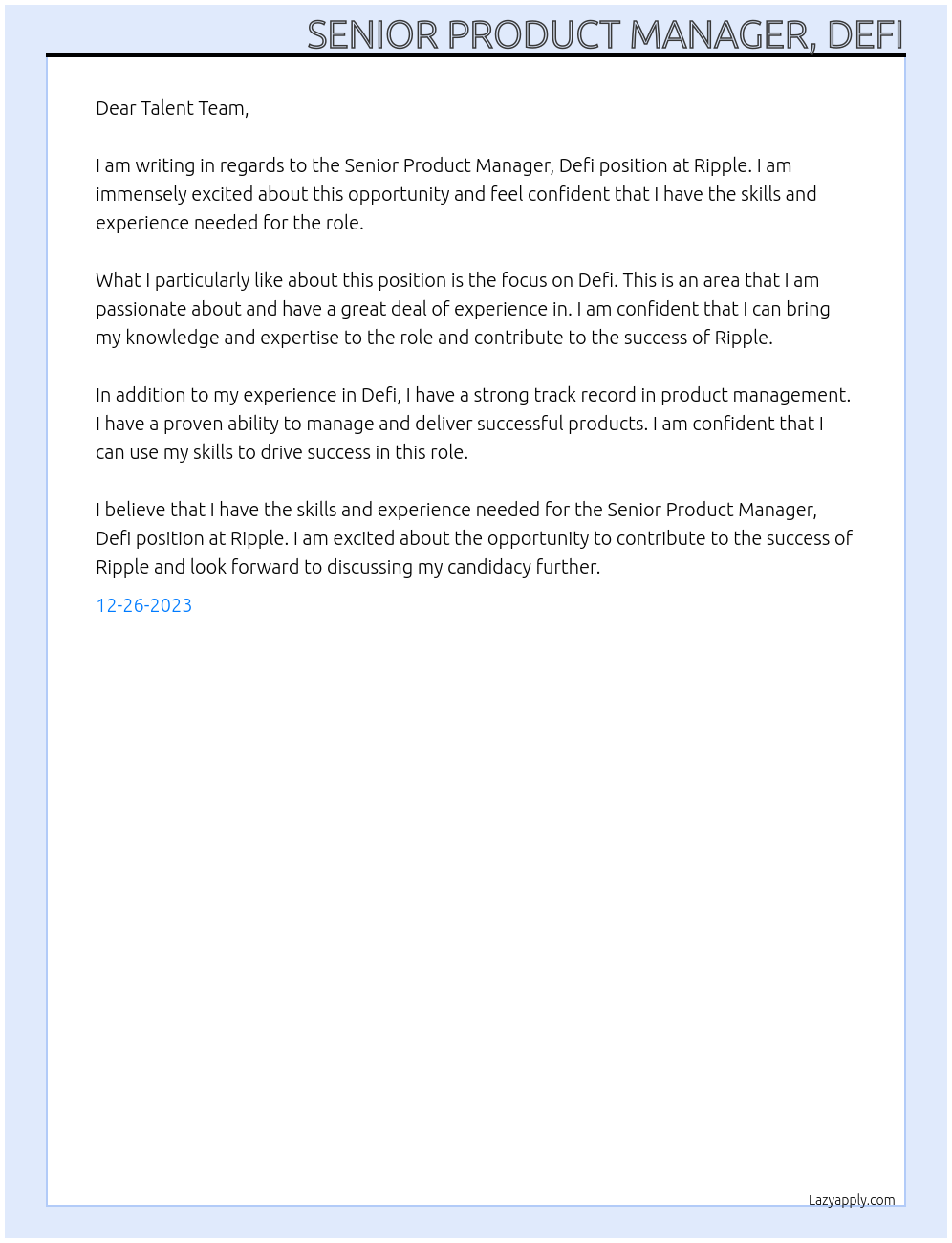 Senior Product Manager, Defi At Ripple Cover Letter