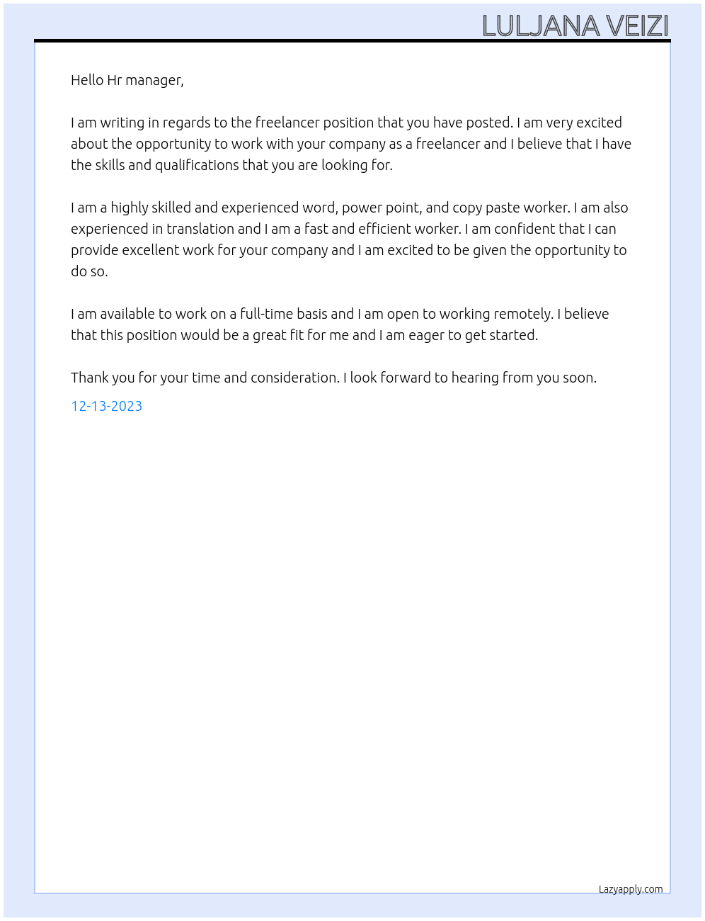 Freelancer At Company Cover Letter
