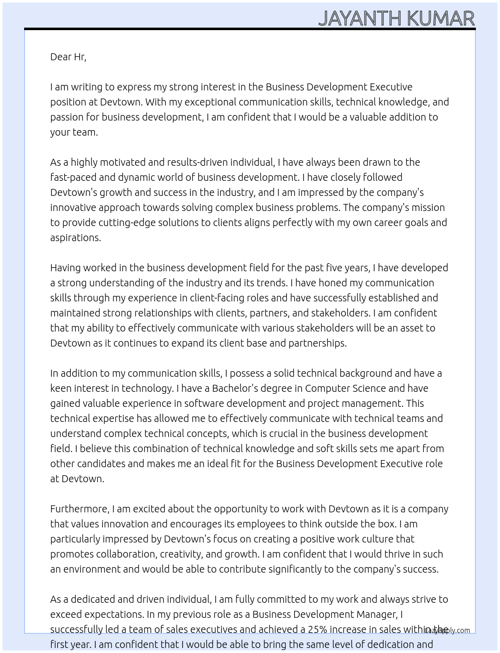 Bussiness development executive  At Devtown Cover Letter