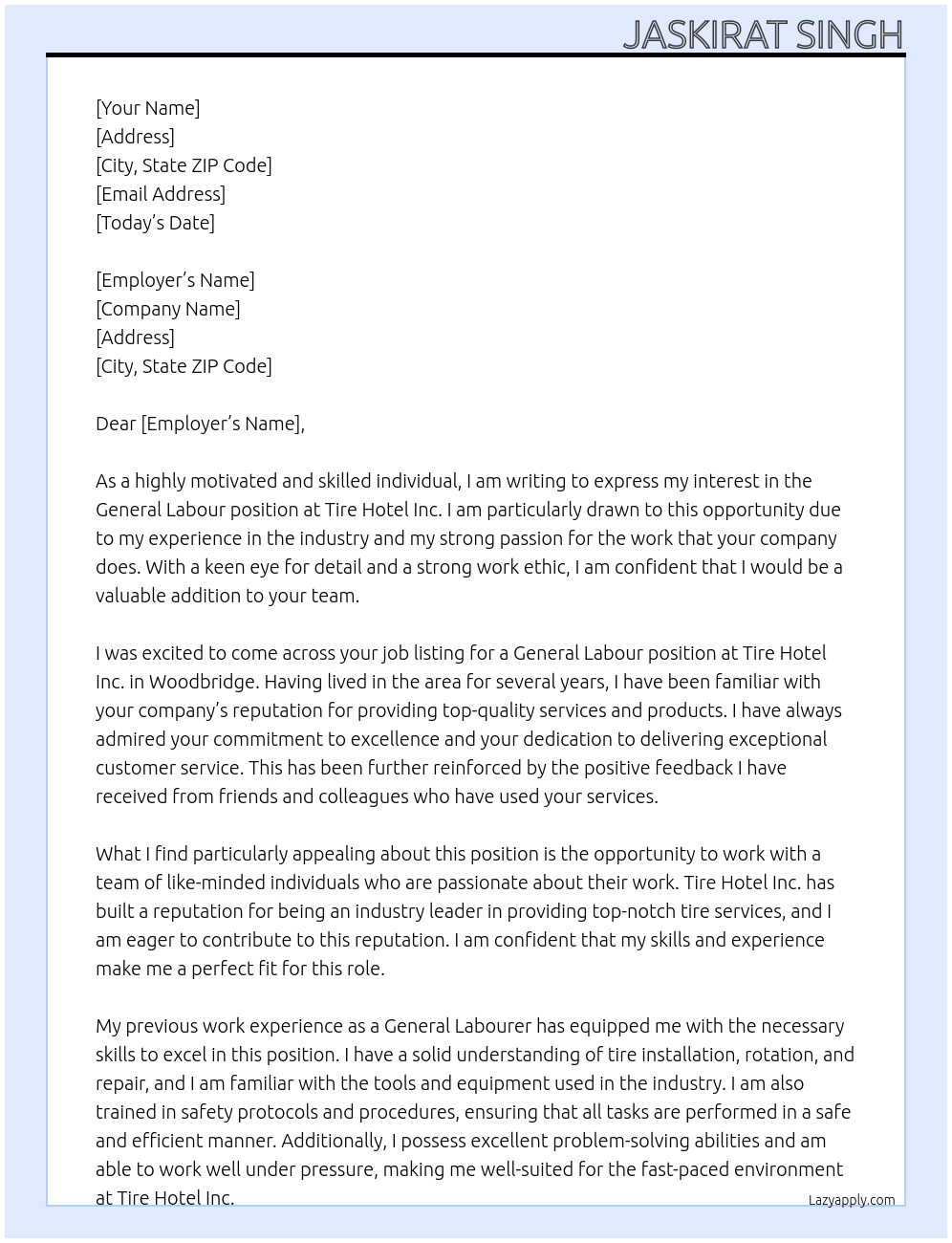 General Labour At Tire Hotel Inc. Cover Letter