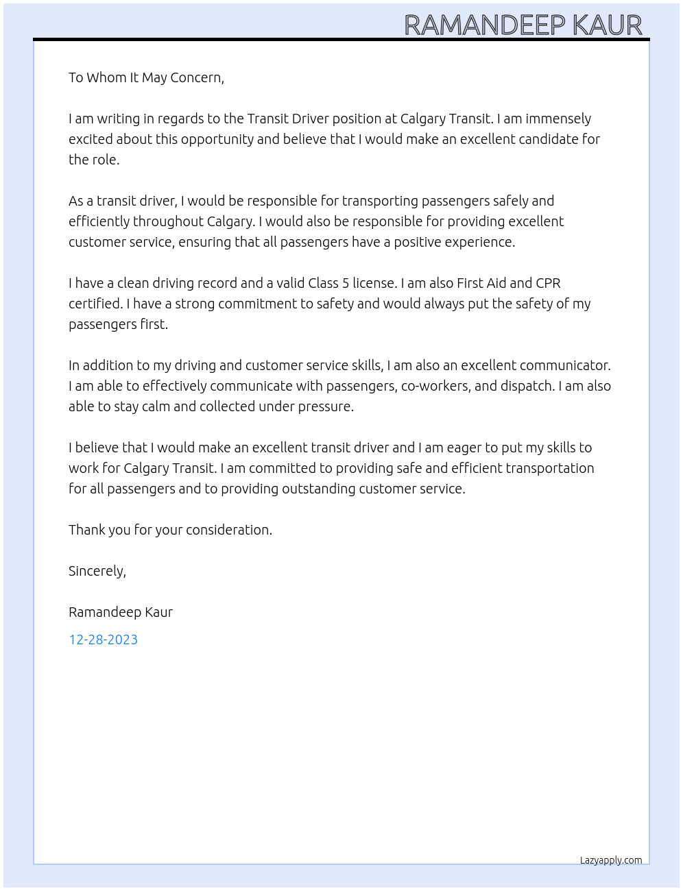 Transit Driver At Calgary Transit Cover Letter