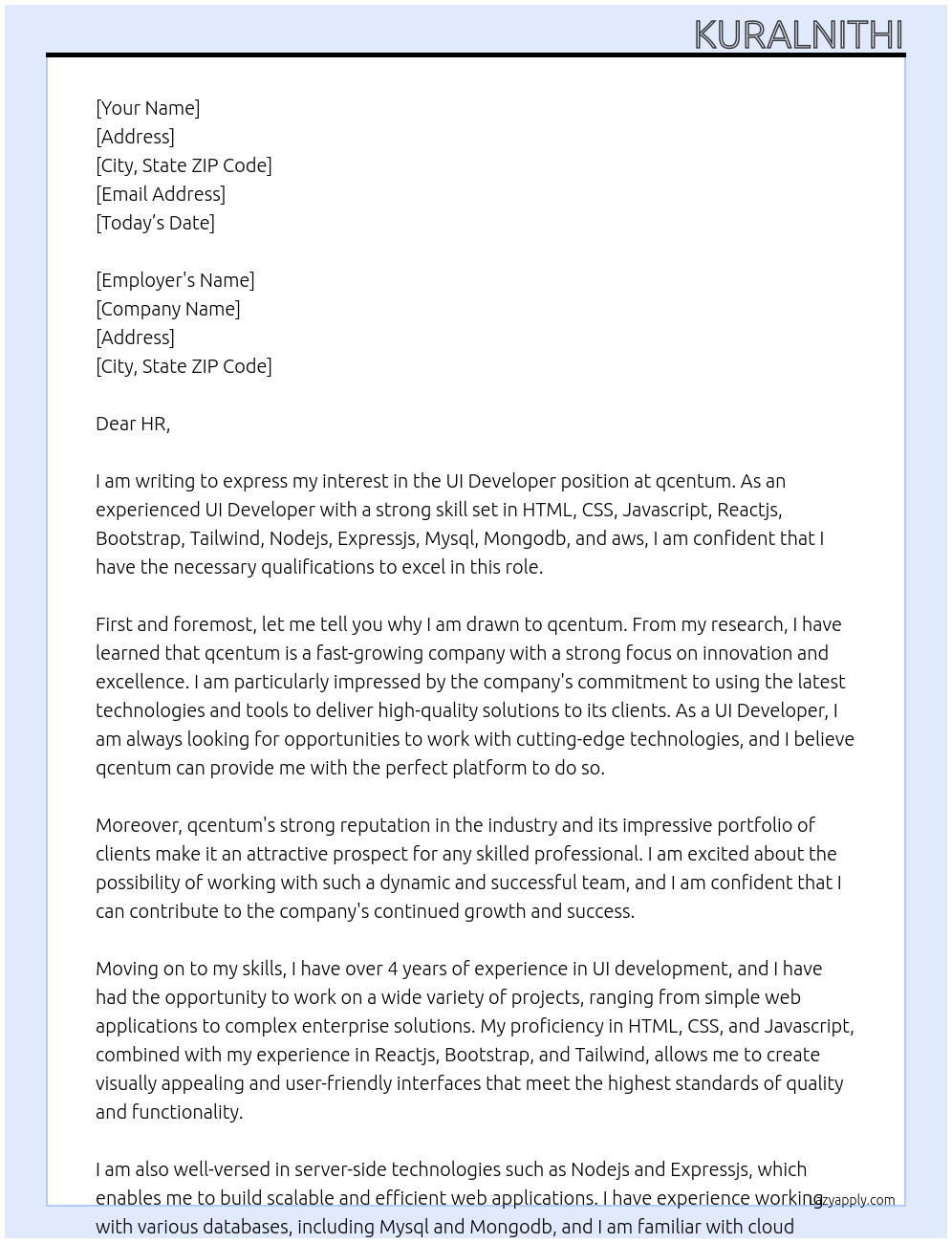 UI developer At qcentum Cover Letter