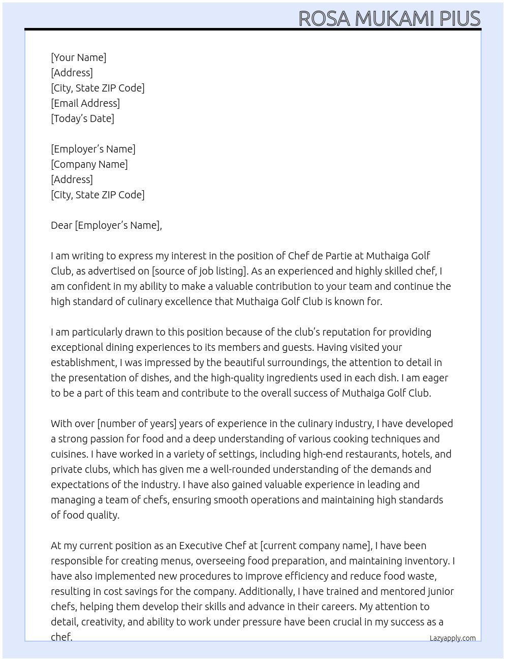 chef de partie At MUTHAIGA GOLF CLUB Cover Letter