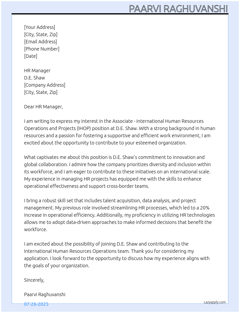 Associate- International Human Resources Operations and Projects (IHOP) At D.E. Shaw Cover Letter