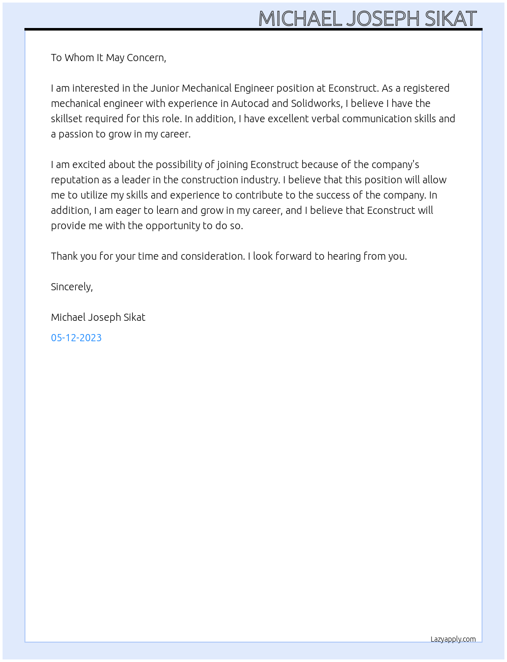 Junior Mechanical Engineer At Econstruct Cover Letter