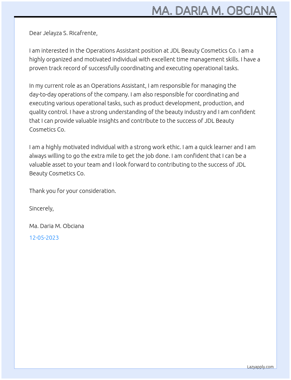 Operations Assistant At JDL Beauty Cosmetics Co. Cover Letter