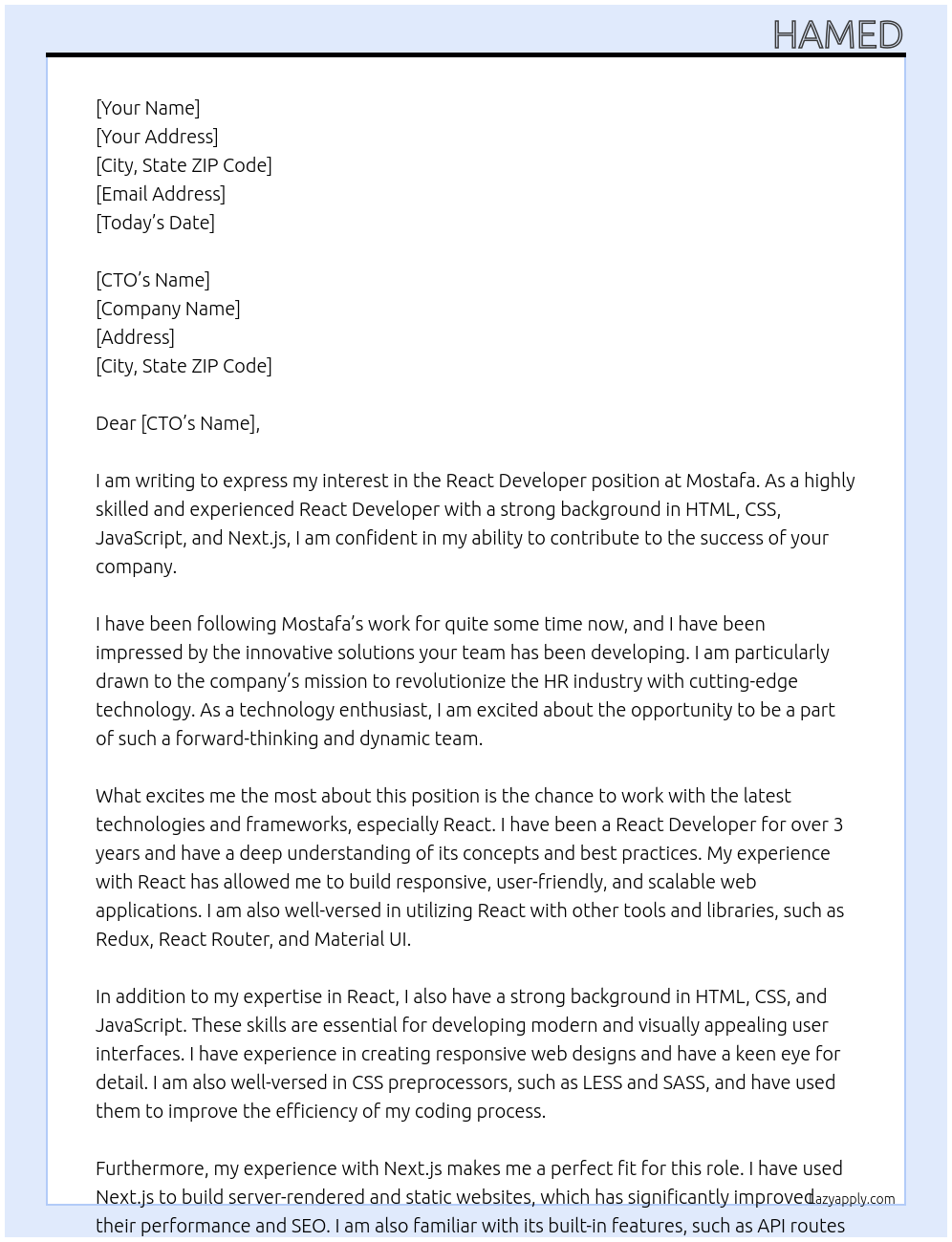 react developer At mostafa Cover Letter