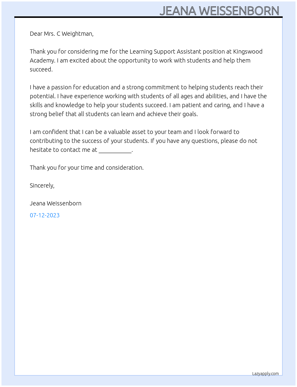 Learning Support Assistant At Kingswood Academy Cover Letter