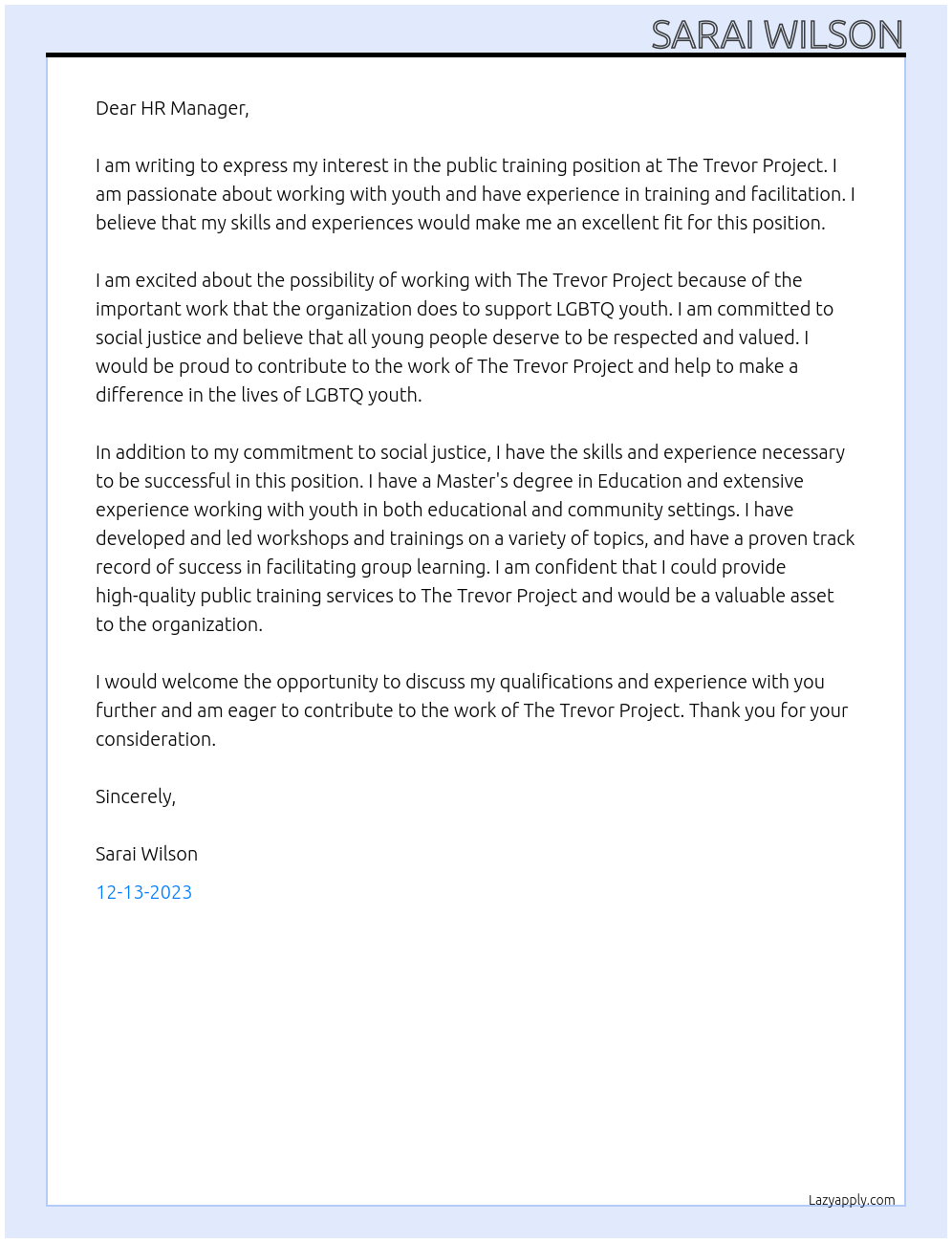 Public Training At The Trevor Project Cover Letter
