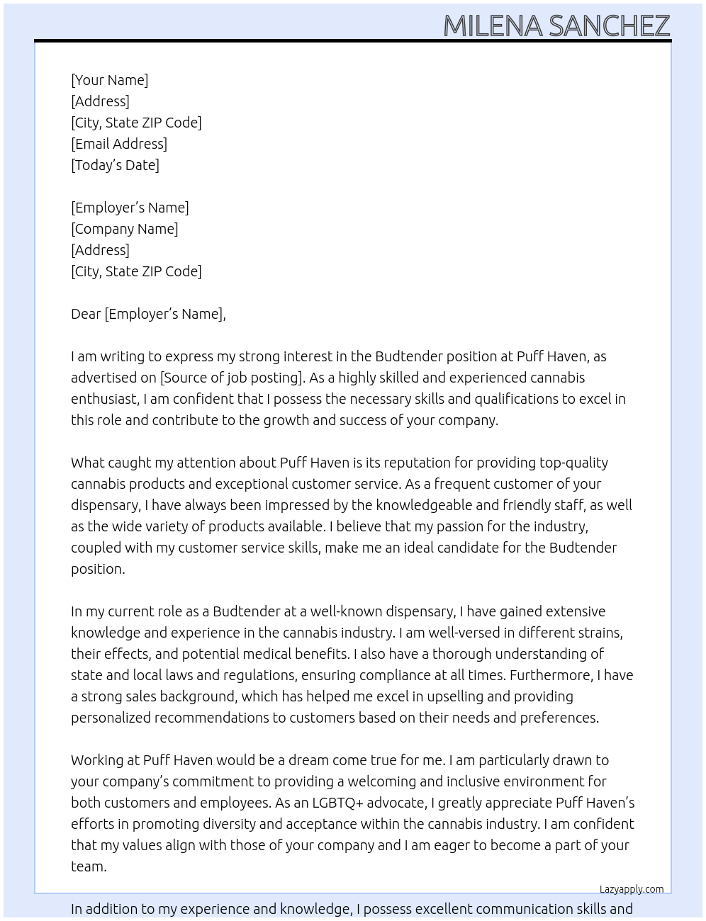 Budtender At Puff Haven Cover Letter