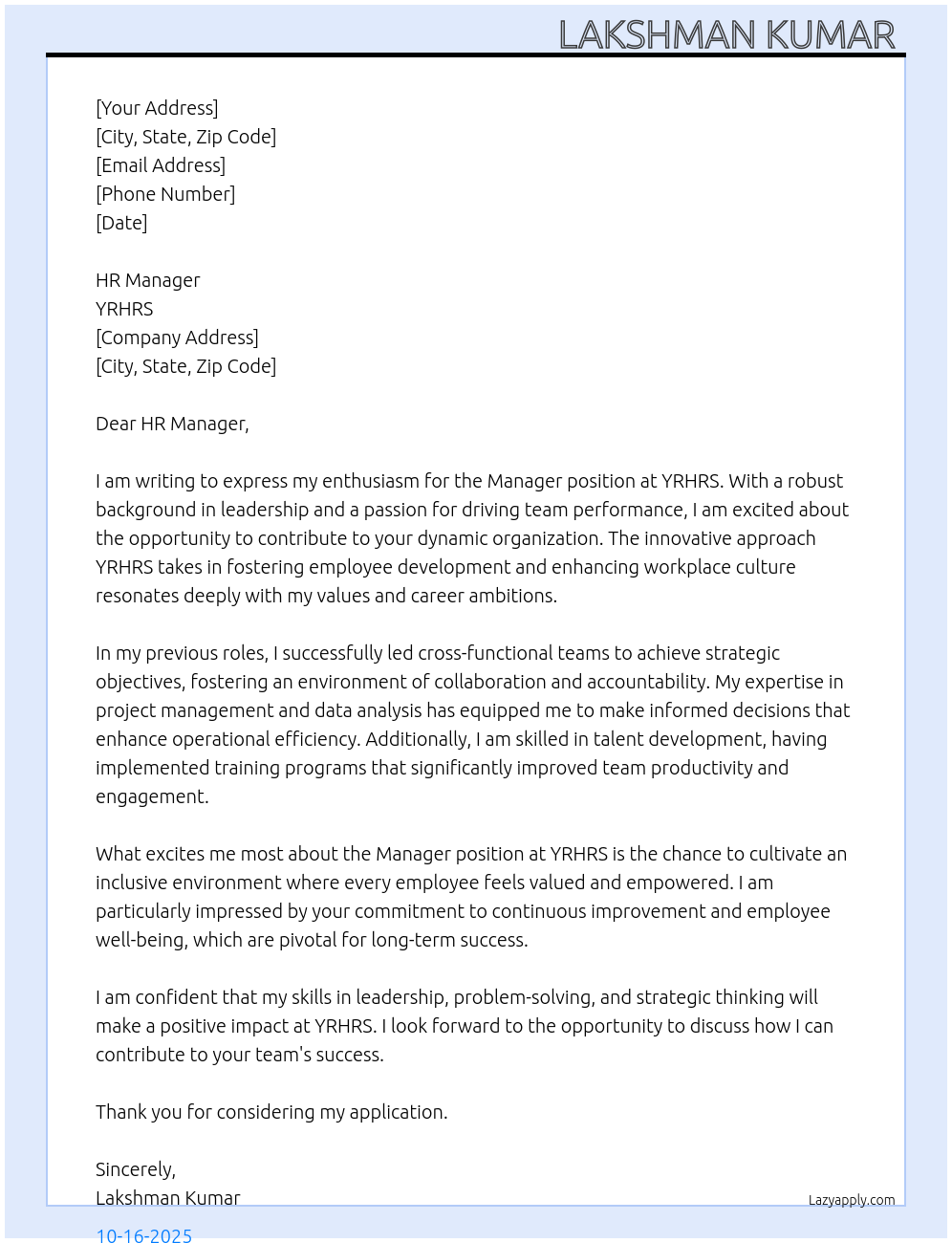 Manager  At YRHRS Cover Letter