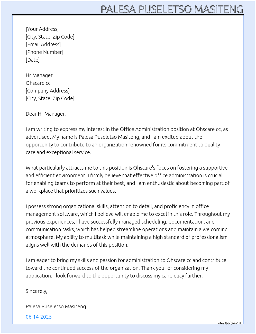Office administration  At Ohscare cc  Cover Letter