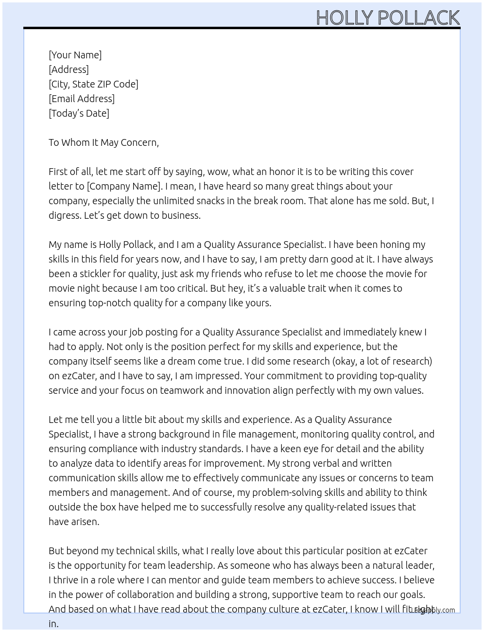 Quality assurance specialist  At ezCater Cover Letter