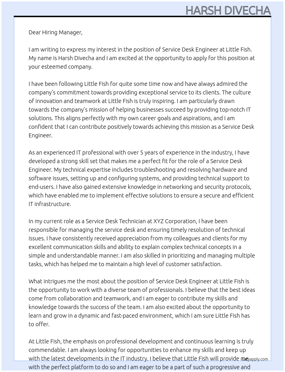 Service Desk Engineer At Little Fish Cover Letter