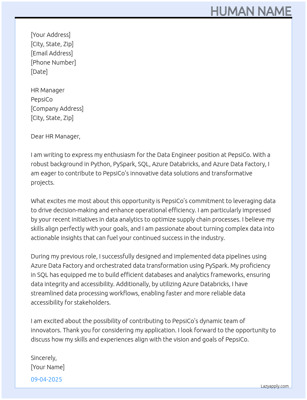 Data Engineer At PepsiCo Cover Letter