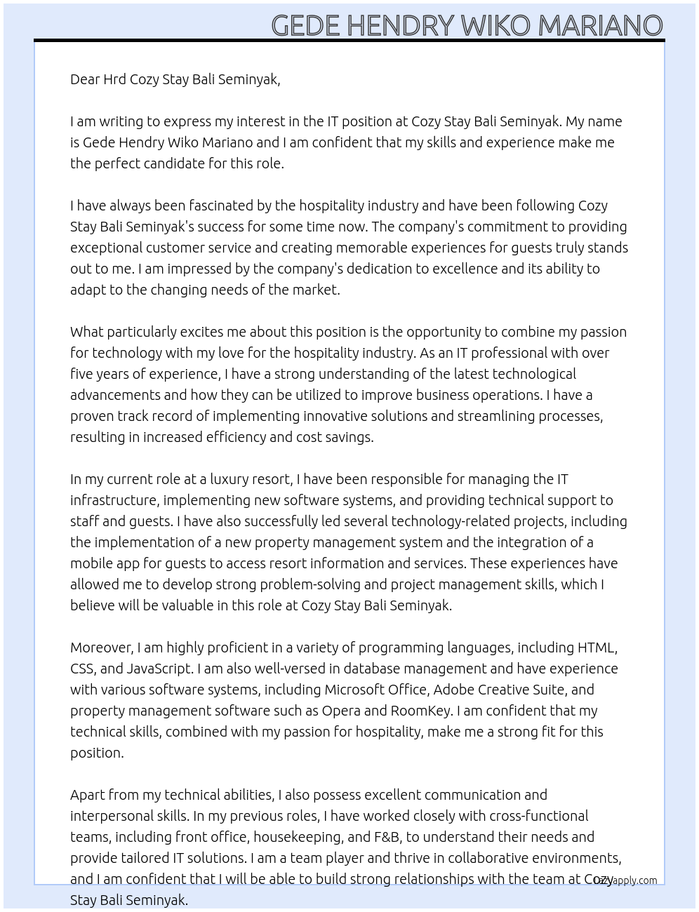IT At Cozy Stay Bali Seminyak Cover Letter