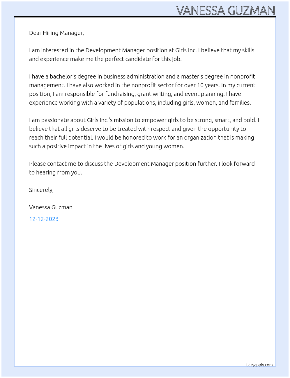 Development Manager At Girls Inc. Cover Letter