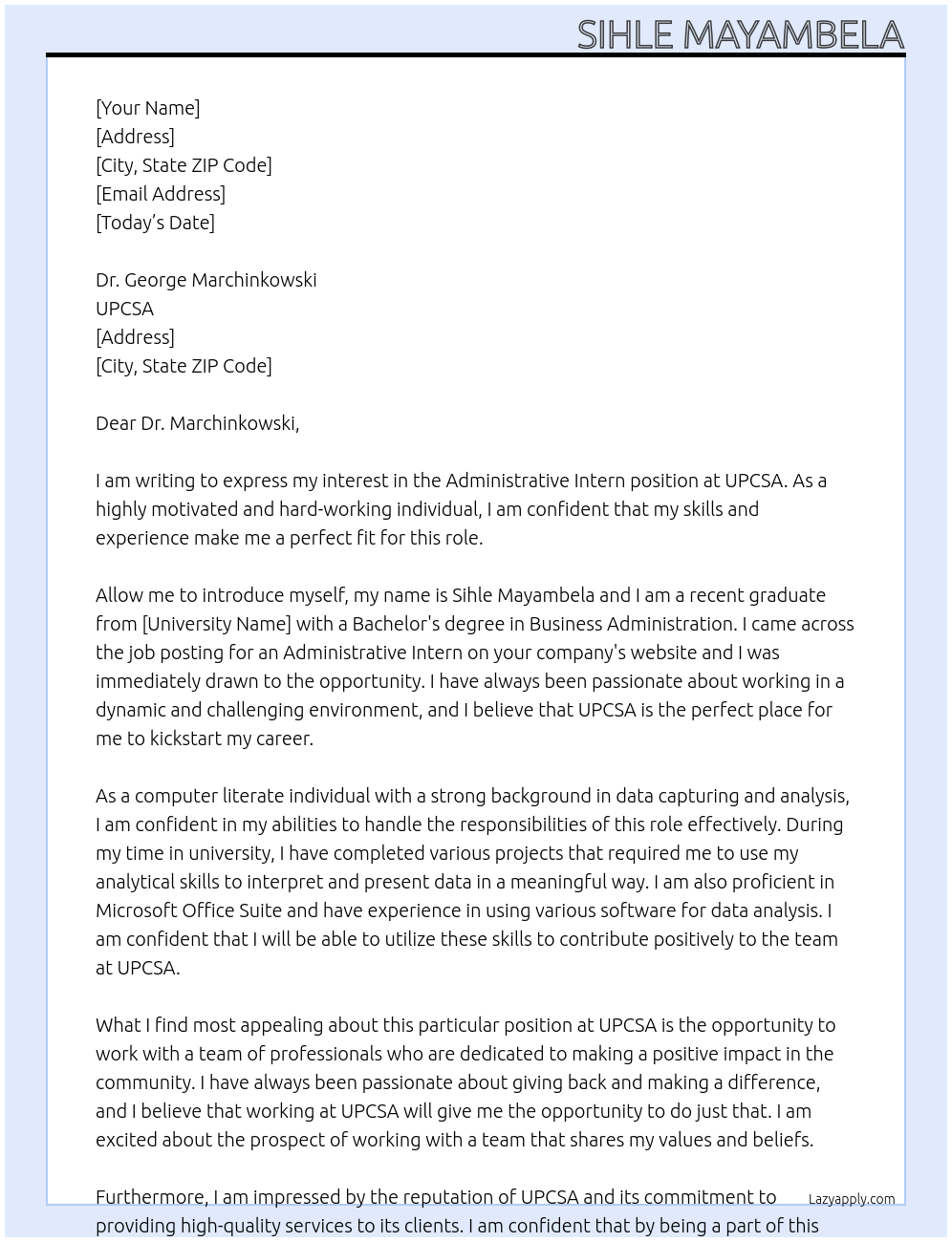 Administrative intern At UPCSA Cover Letter