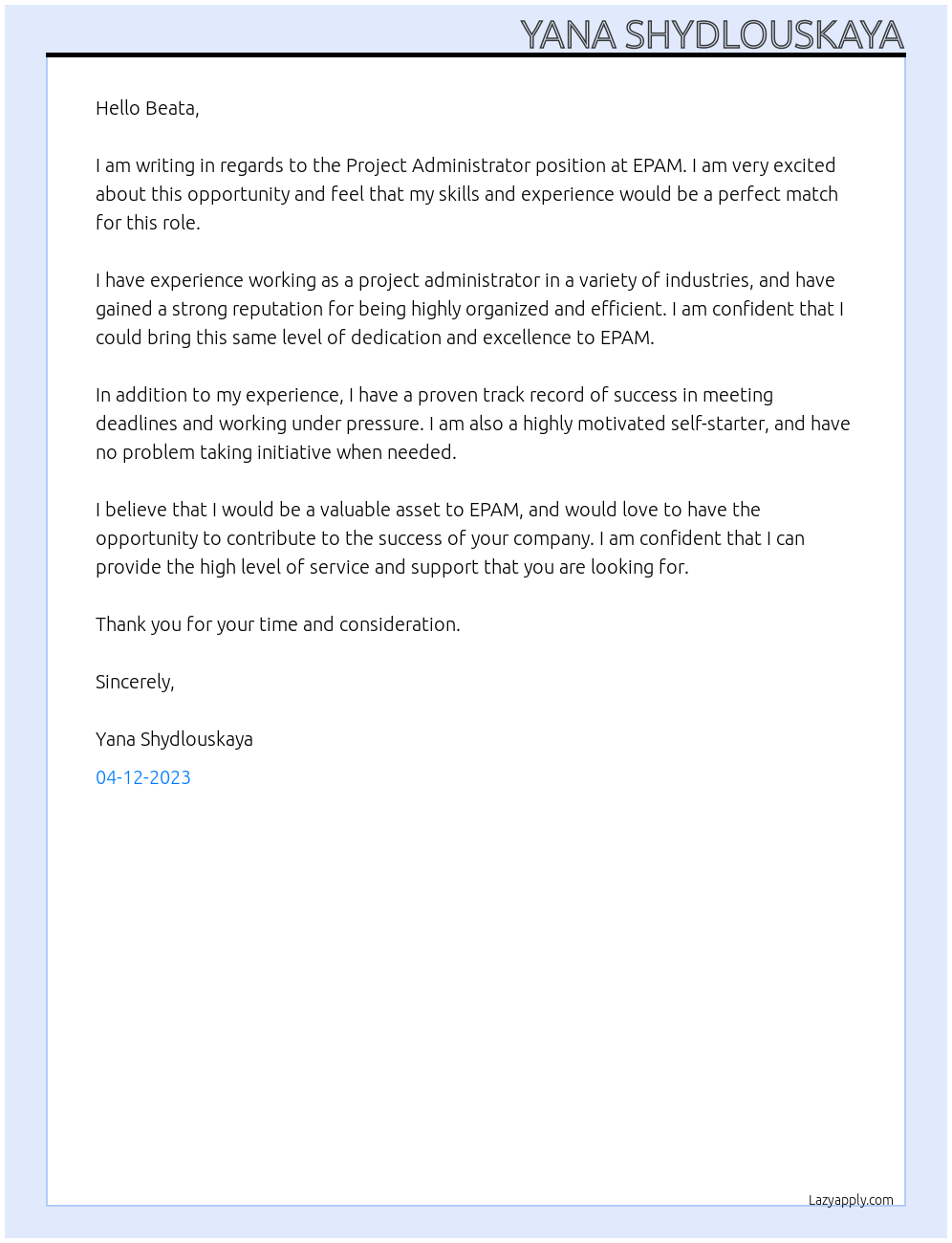 Project Administrator At EPAM Cover Letter