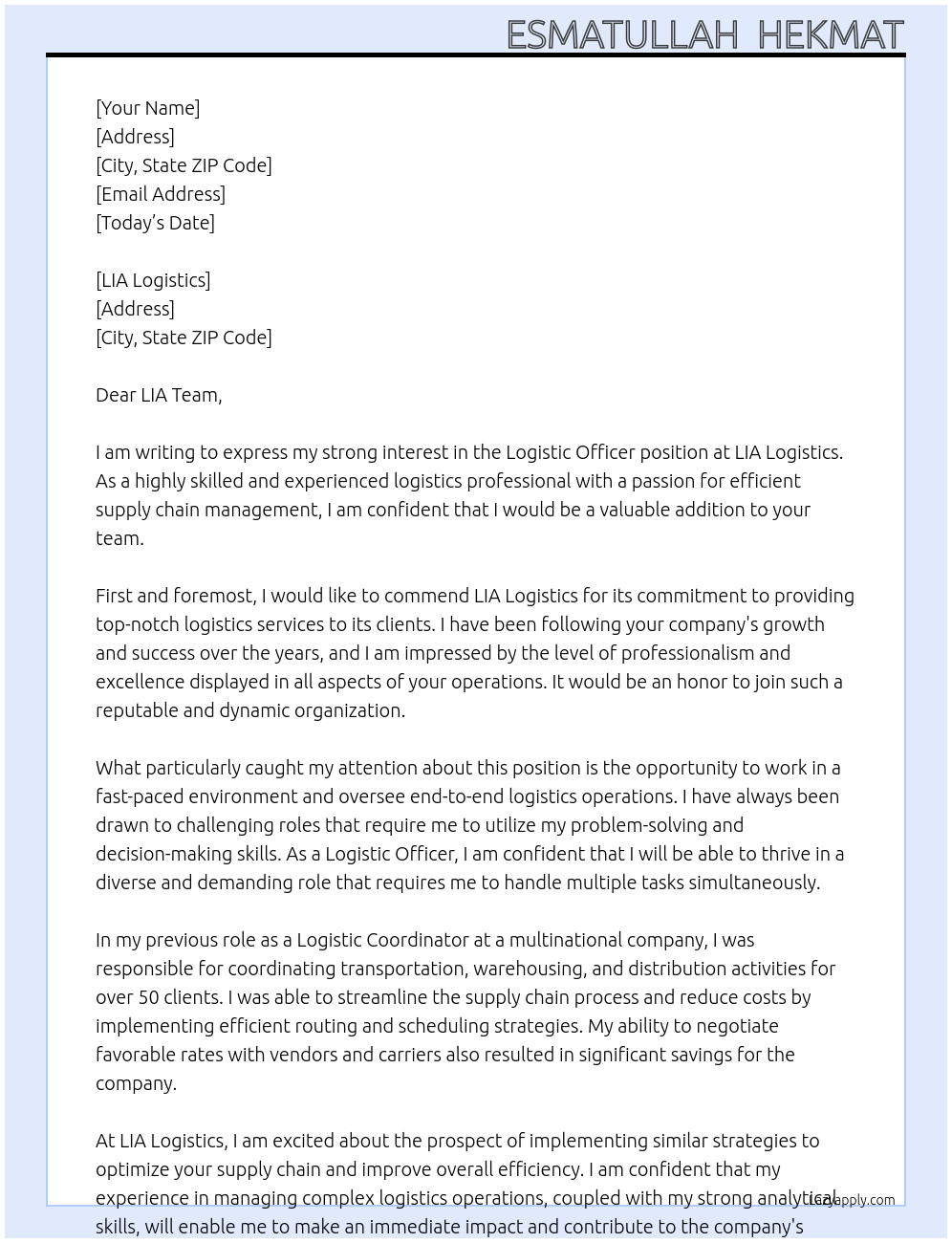 Logistic Officer  At LIA Logistics Cover Letter