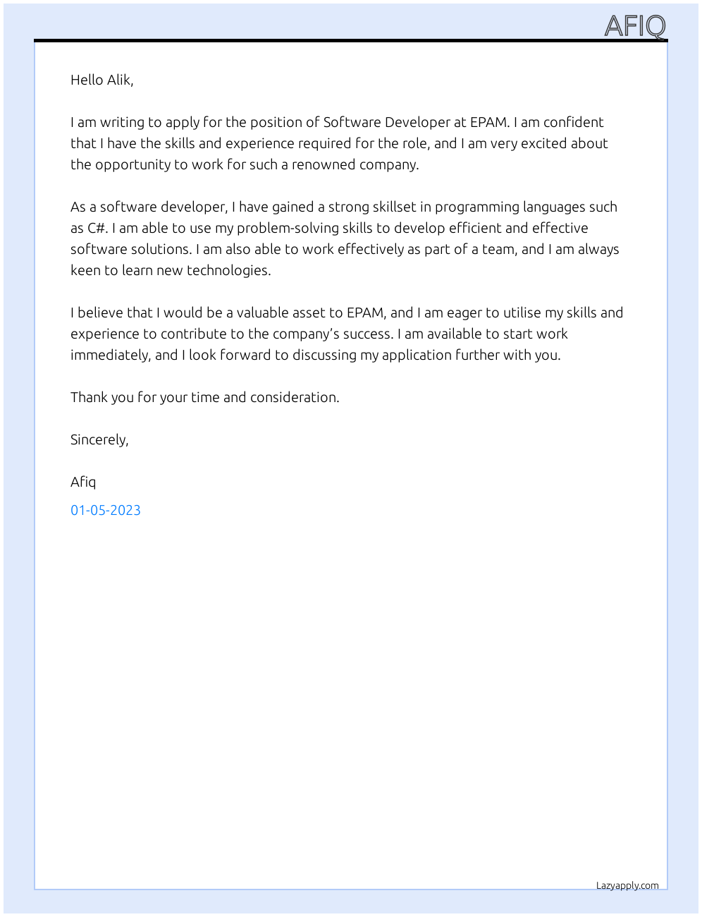Software developer At EPAM Cover Letter