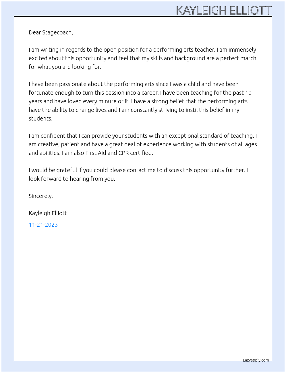 Performing arts teacher At Stagecoach  Cover Letter