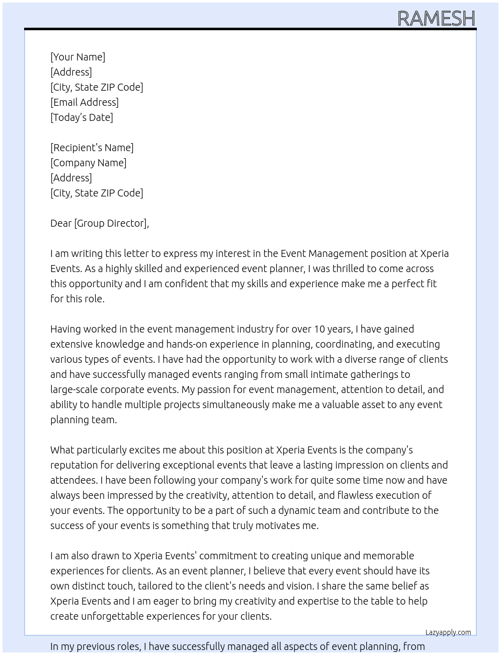 Event Management At Xperia Events Cover Letter