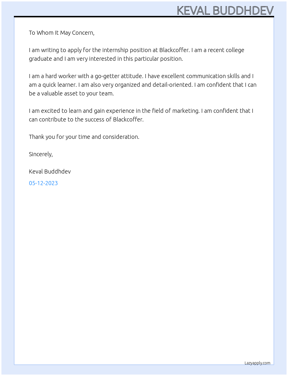 Internship At Blackcoffer Cover Letter