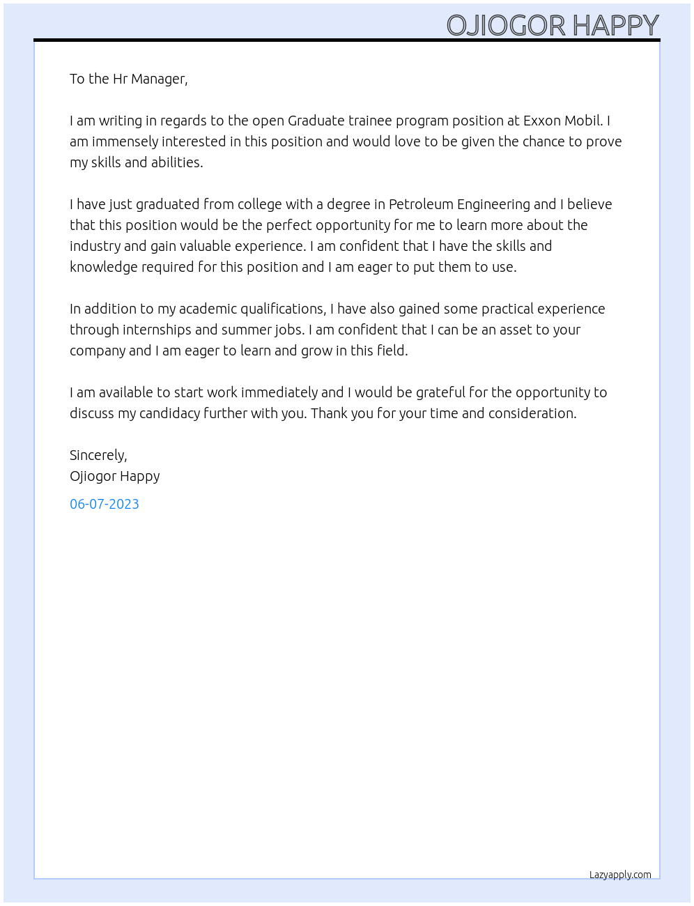 Graduate trainee program At Exxon Mobil Cover Letter