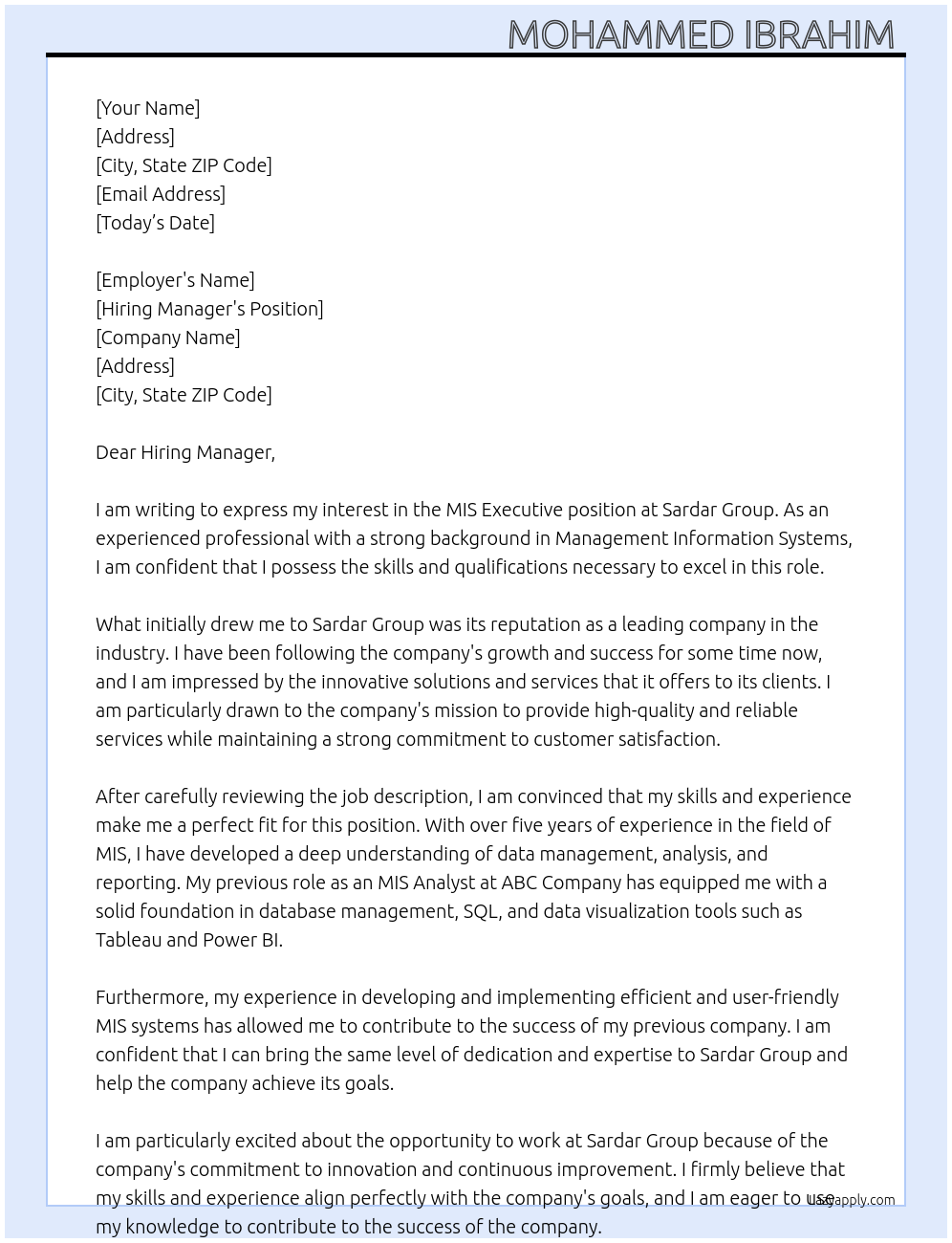 MIS Executive At Sardar Group Cover Letter