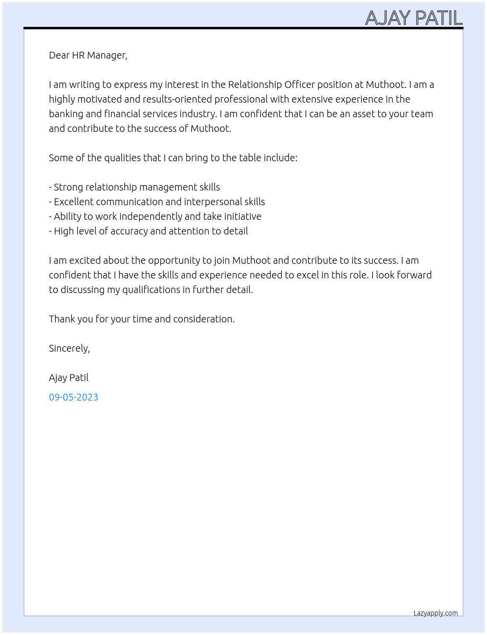 Relationship officer  At Muthoot  Cover Letter