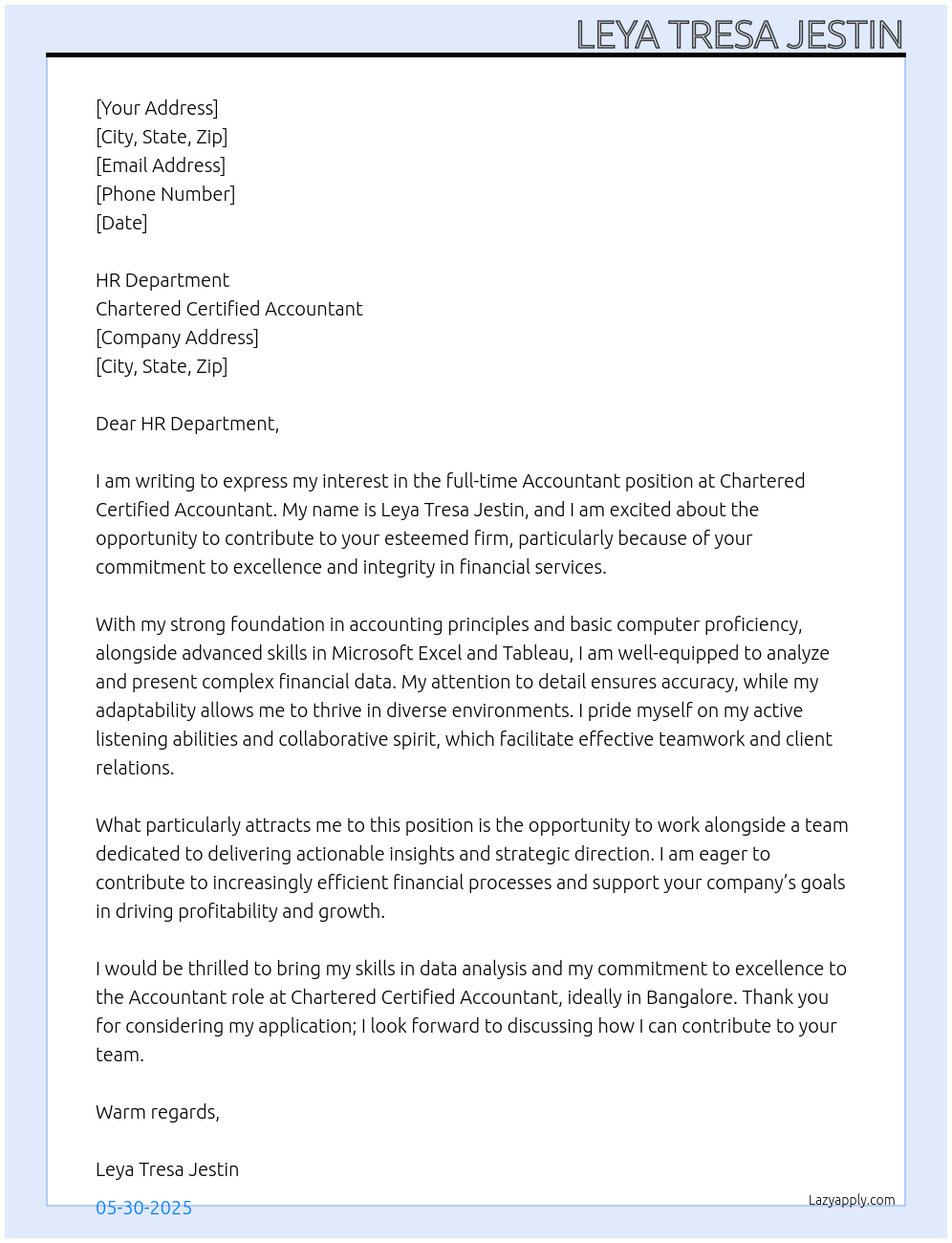 Accountant At  Chartered Certified Accountant qualification Cover Letter