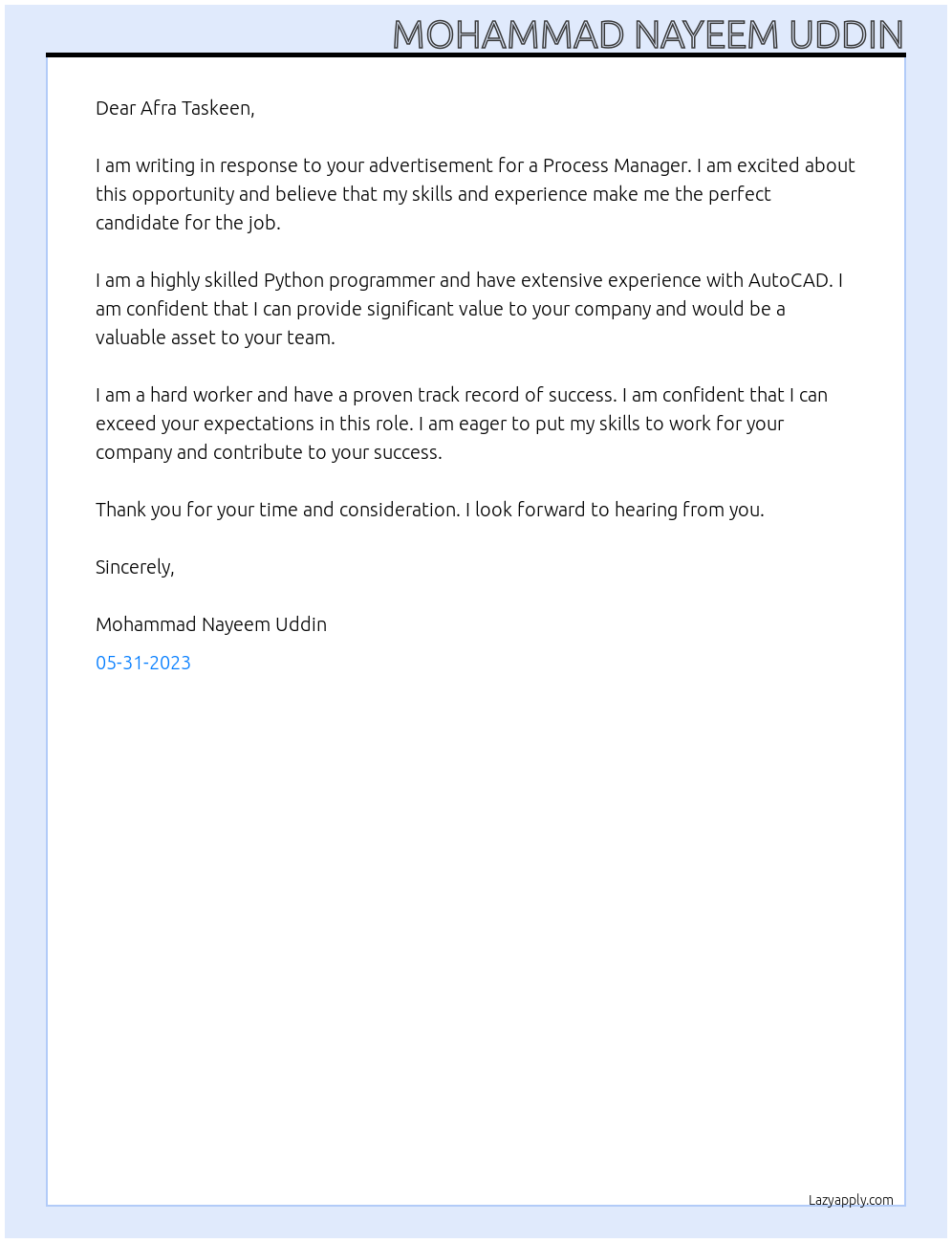 Process Manager At zomato Cover Letter