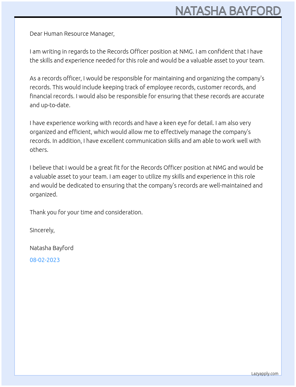 Records Officer At NMG Cover Letter