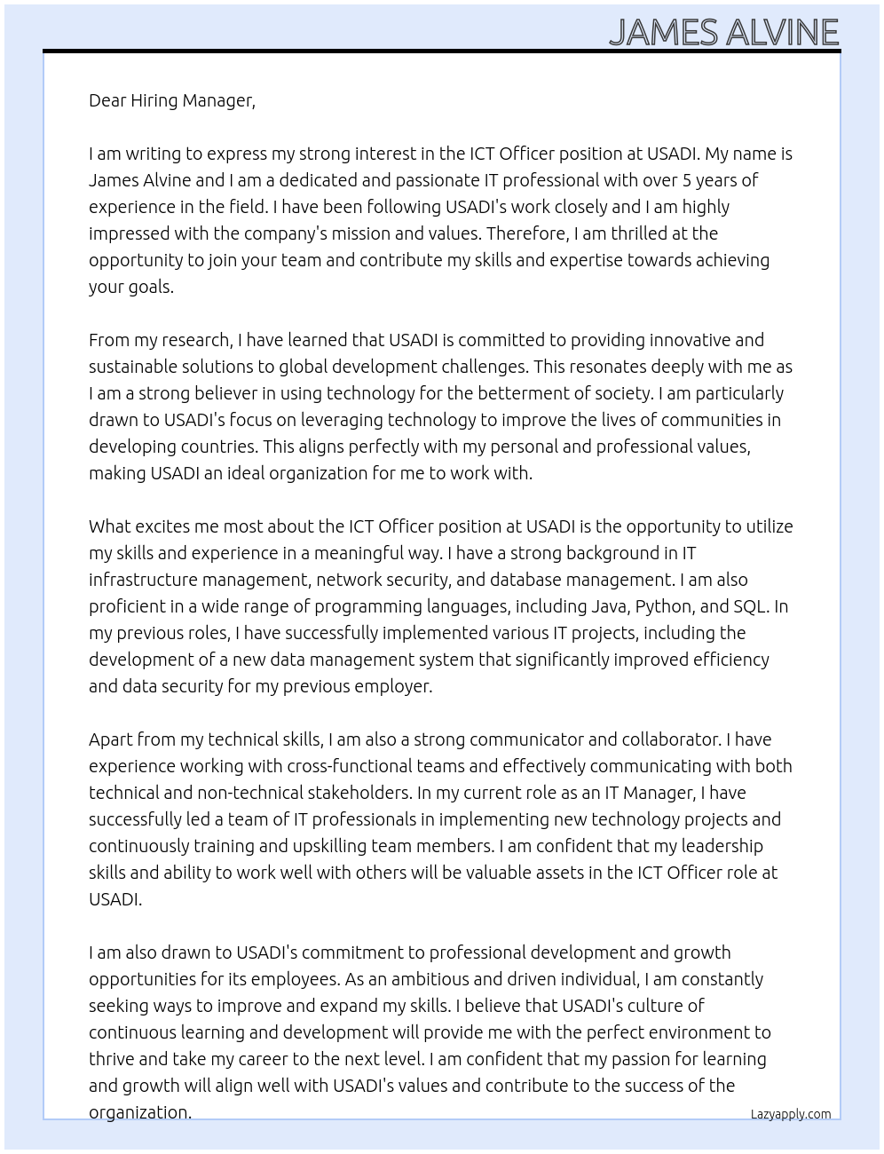 ICT Officer At USADI Cover Letter