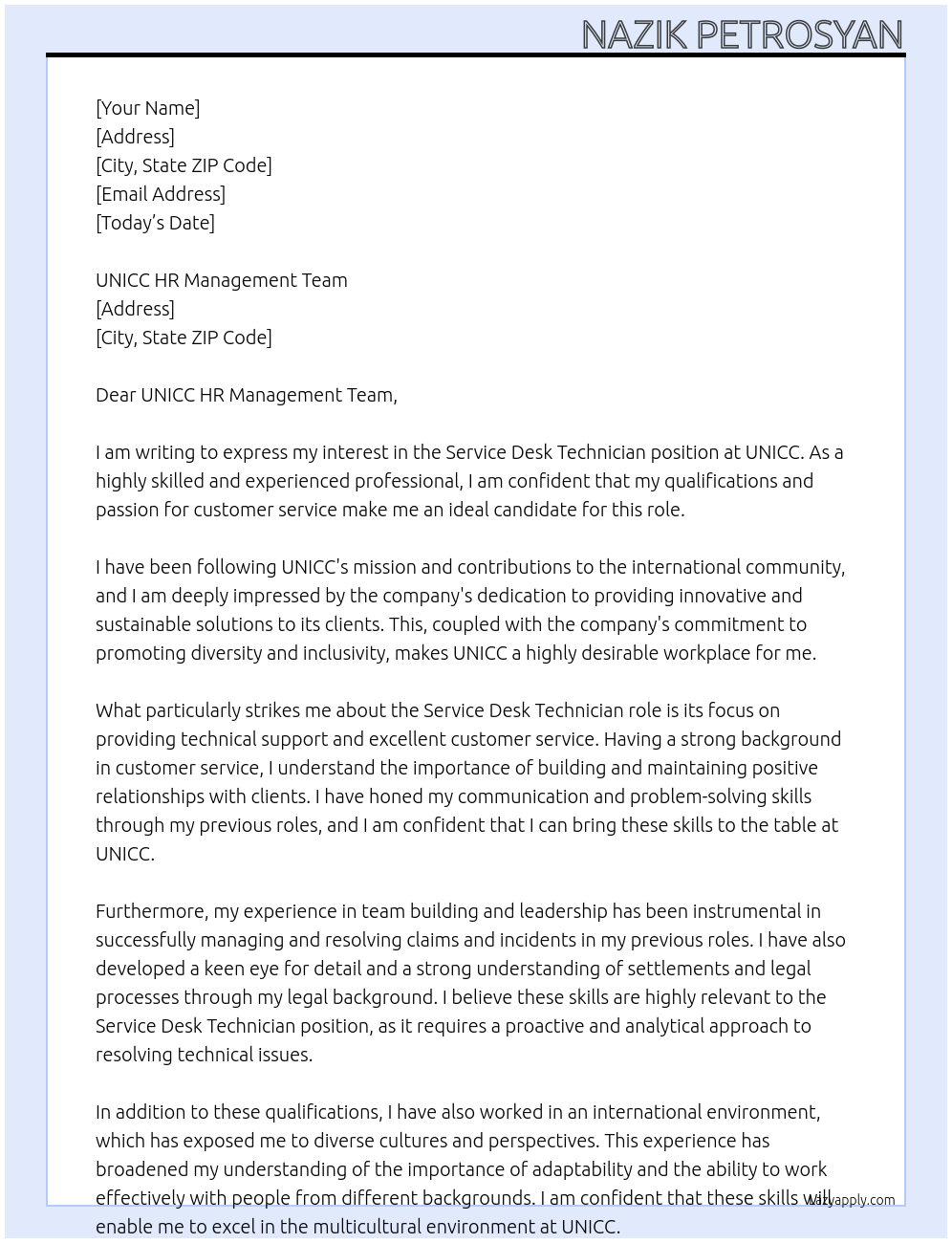 Service Desk Technician At UNICC Cover Letter