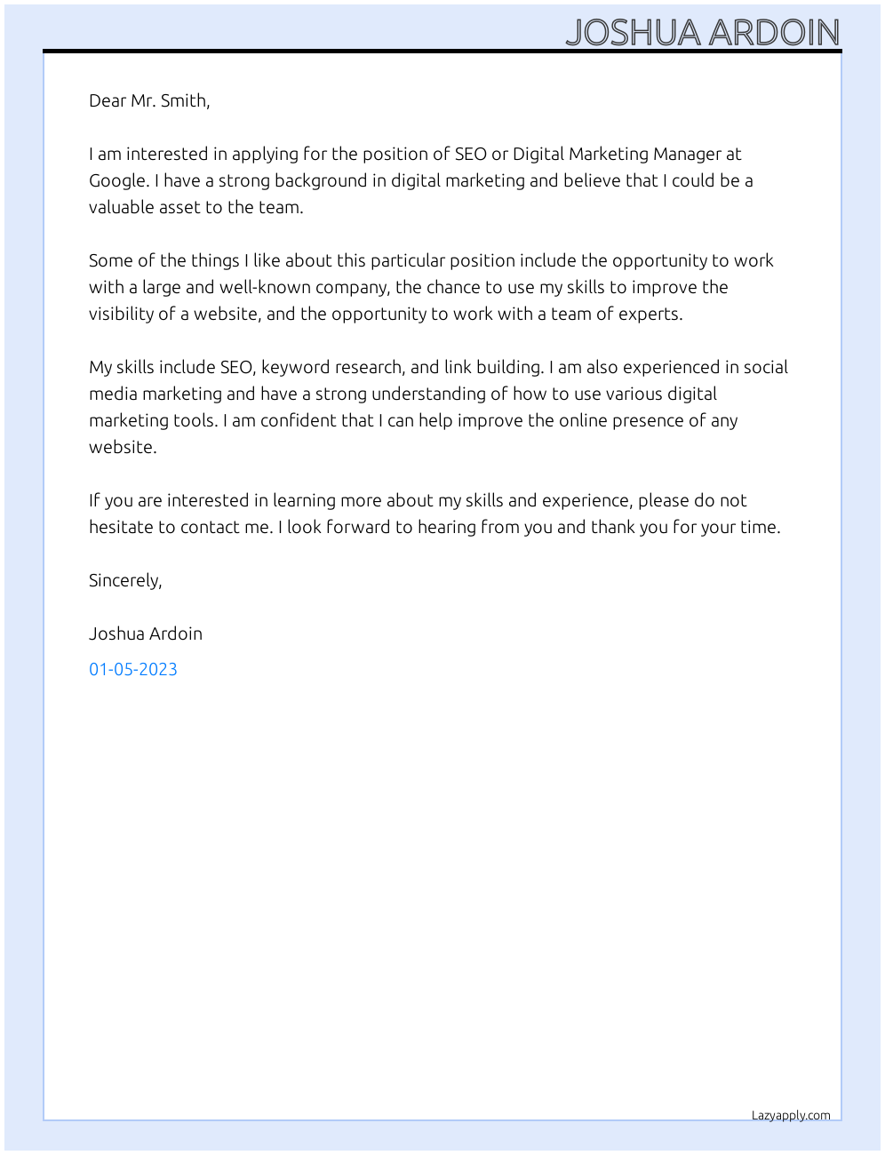 Cover letter for seo or digital marketing manager - LazyApply