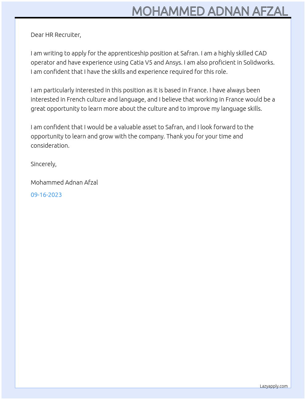 Apprenticeship At Safran Cover Letter