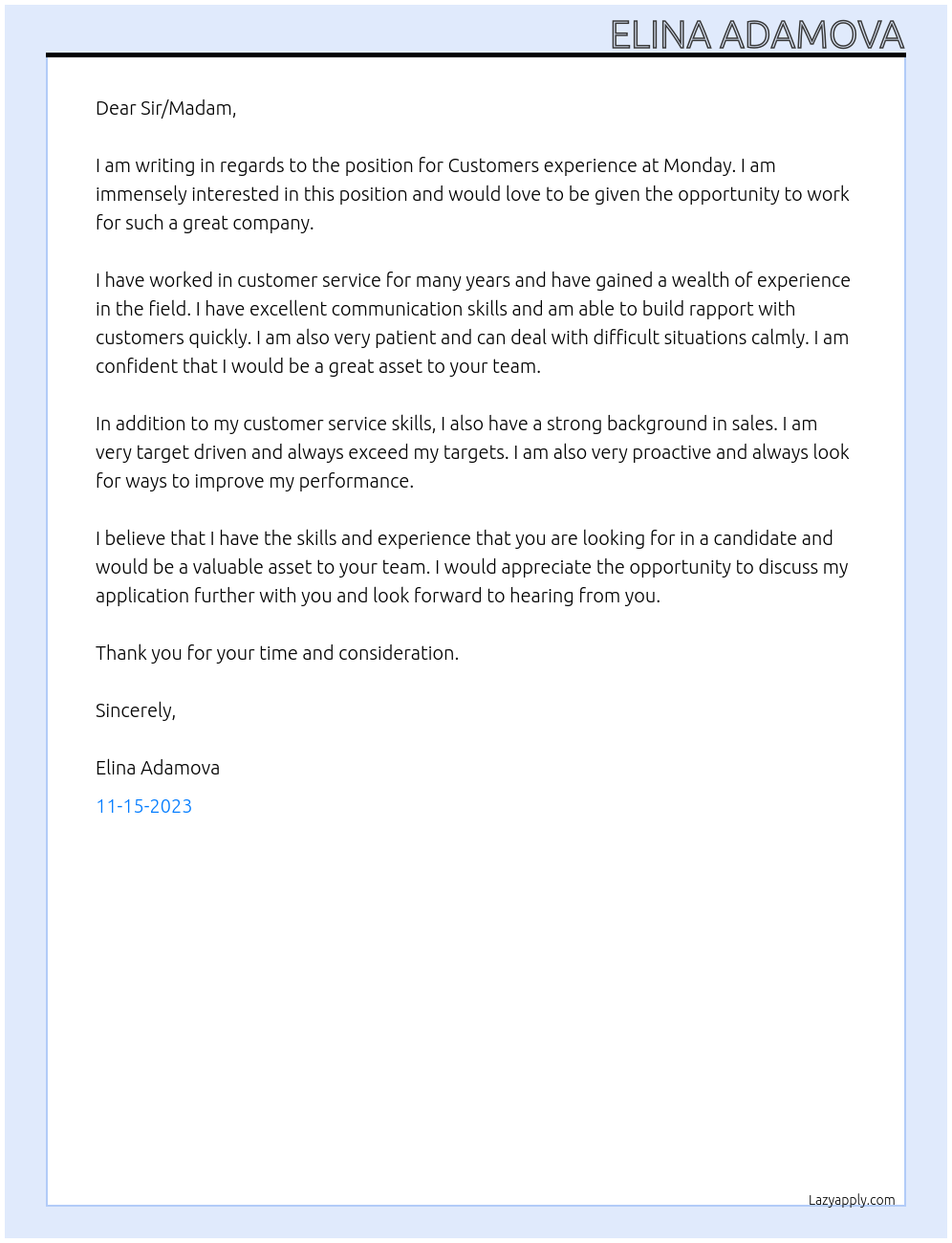 Cover letter for customers experience - LazyApply
