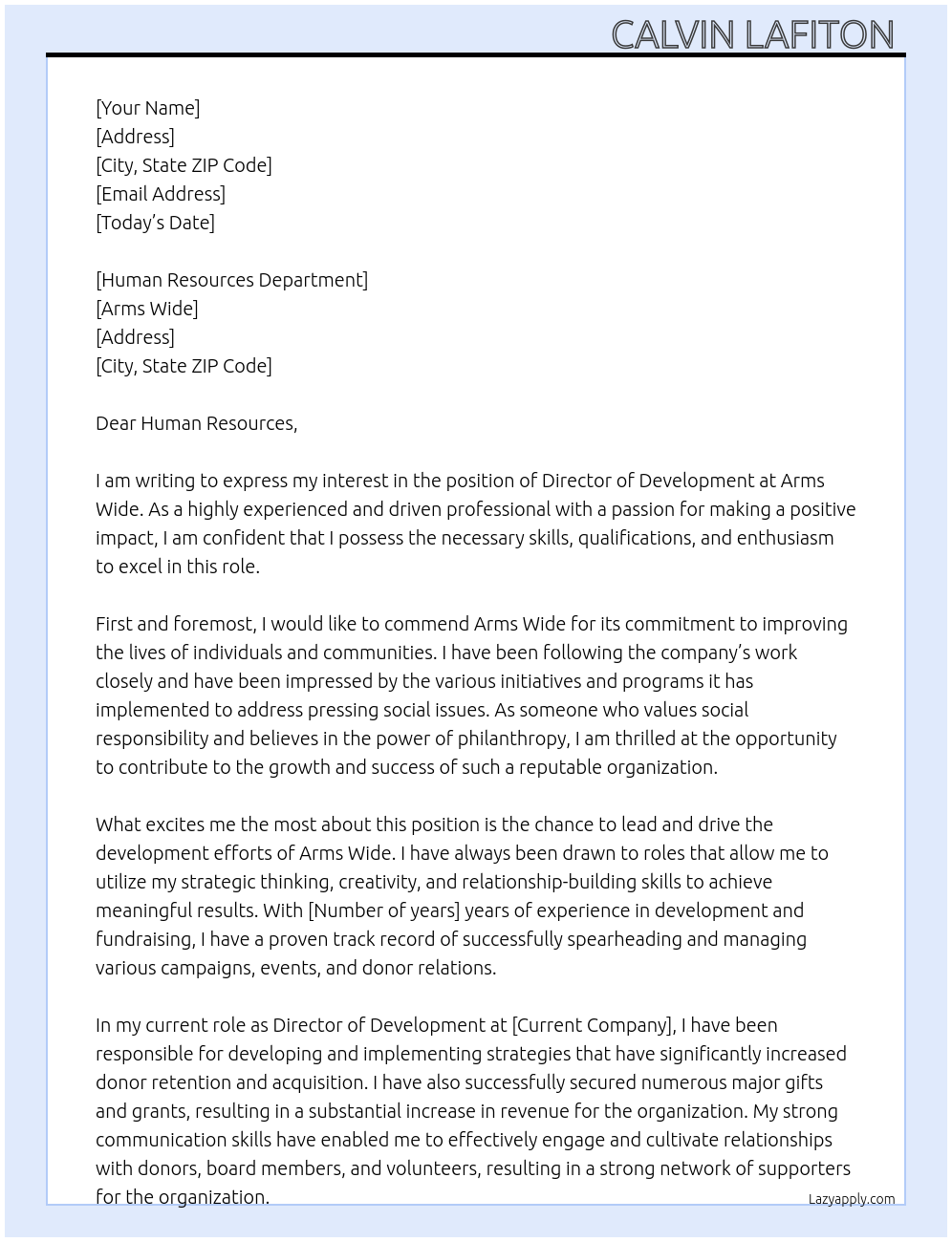 Director of Development  At Arms Wide Cover Letter