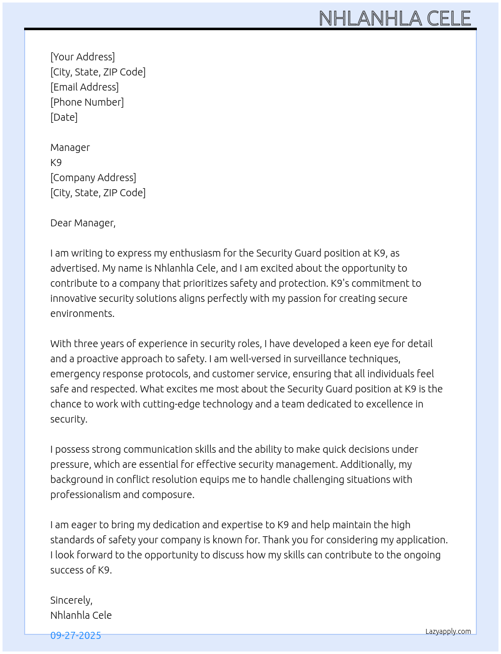 Security Guard At K9 Cover Letter