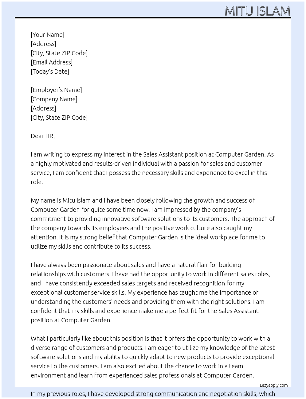 sale assistant At Computer Garden Cover Letter