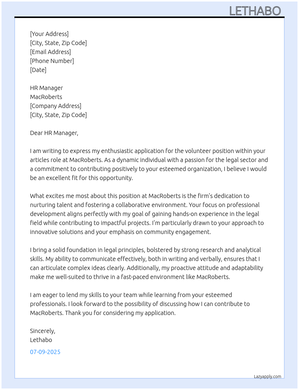 volunteer At MacRoberts Cover Letter