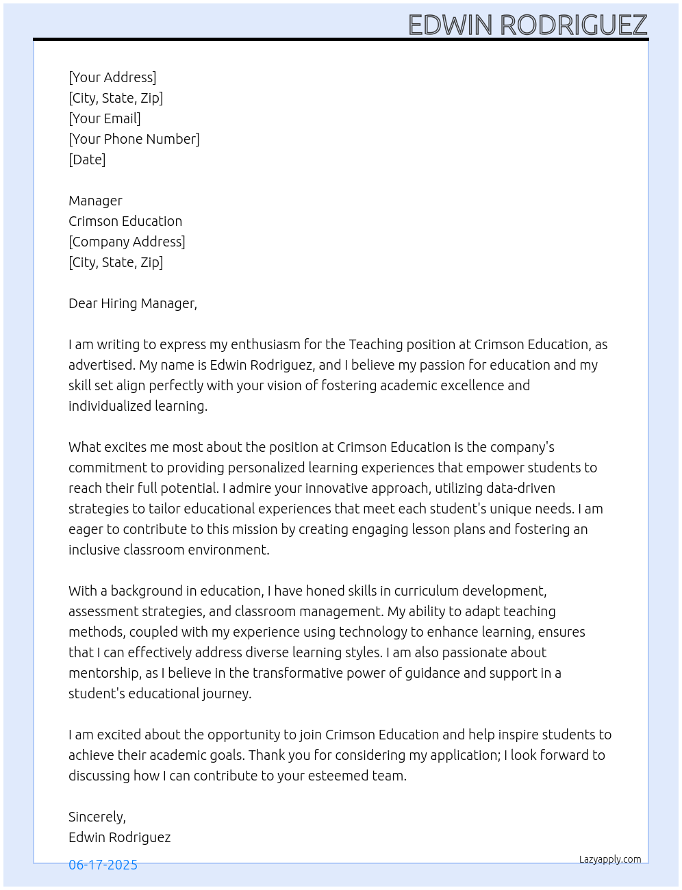 Teaching At Crimson Education Cover Letter