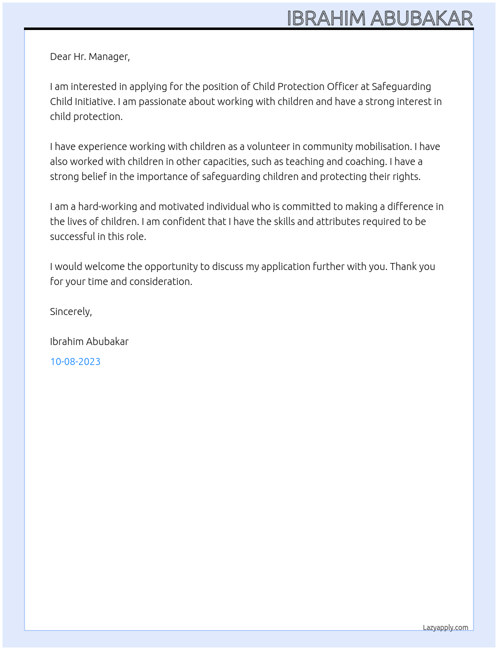 Child Protection Officer At Safeguarding Child Initiative Cover Letter