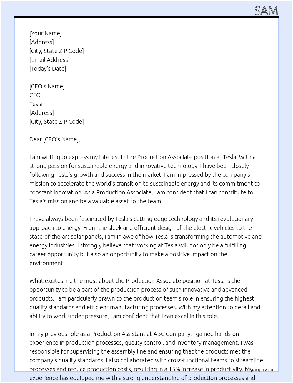 Production Associate At Tesla Cover Letter